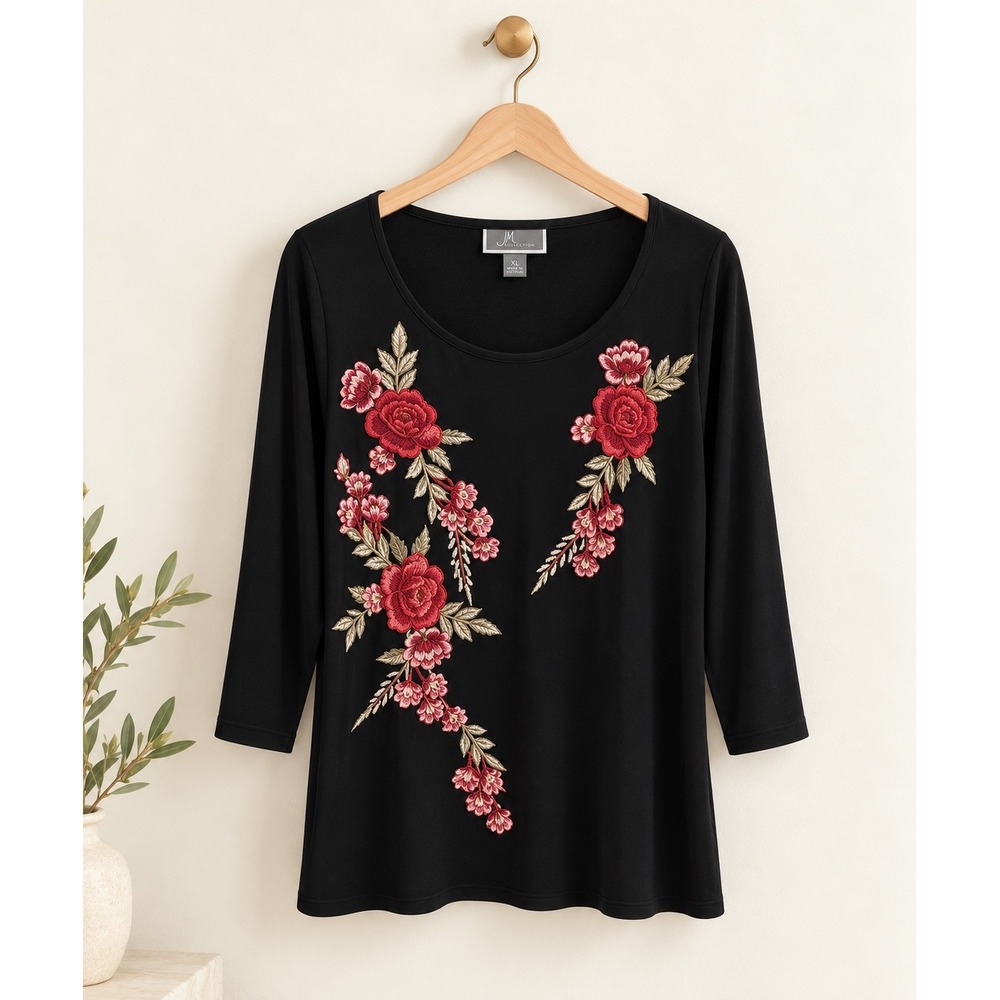 JM Collection Womens XL Black Floral Embroidered Sharkbite Tunic 3/4 Sleeve Top